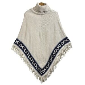 Vintage Cream Turtleneck Fringe Cotton Cable Knit Boho Poncho One Size